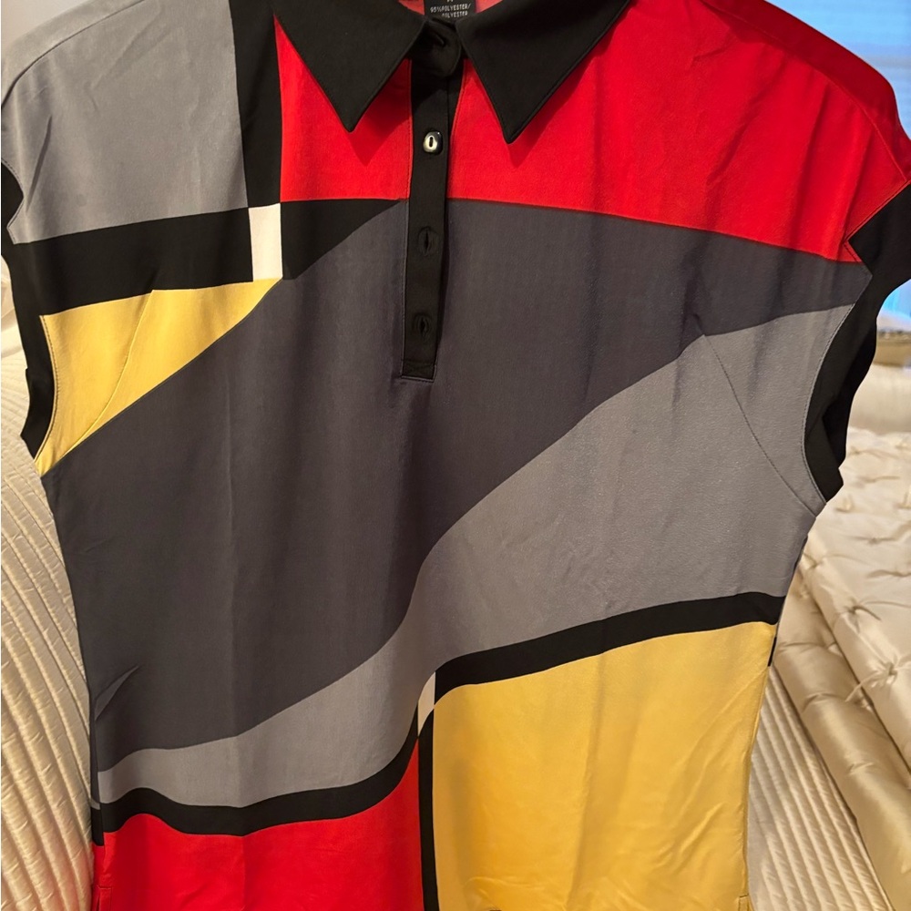 DKNY Women's Polo in Red, Yellow, and Gray